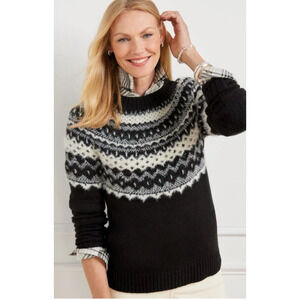 Talbots Sweater 2X Plus Womens Fair Isle Black White Crew Neck Soft Stretch